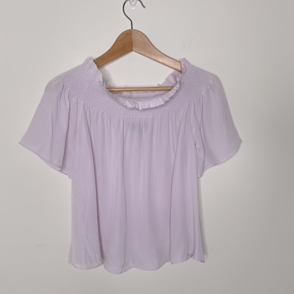 7 FOR ALL MANKIND Off the Shoulder Smocked Silk Top Lilac Size M New Condition - Picture 2 of 4